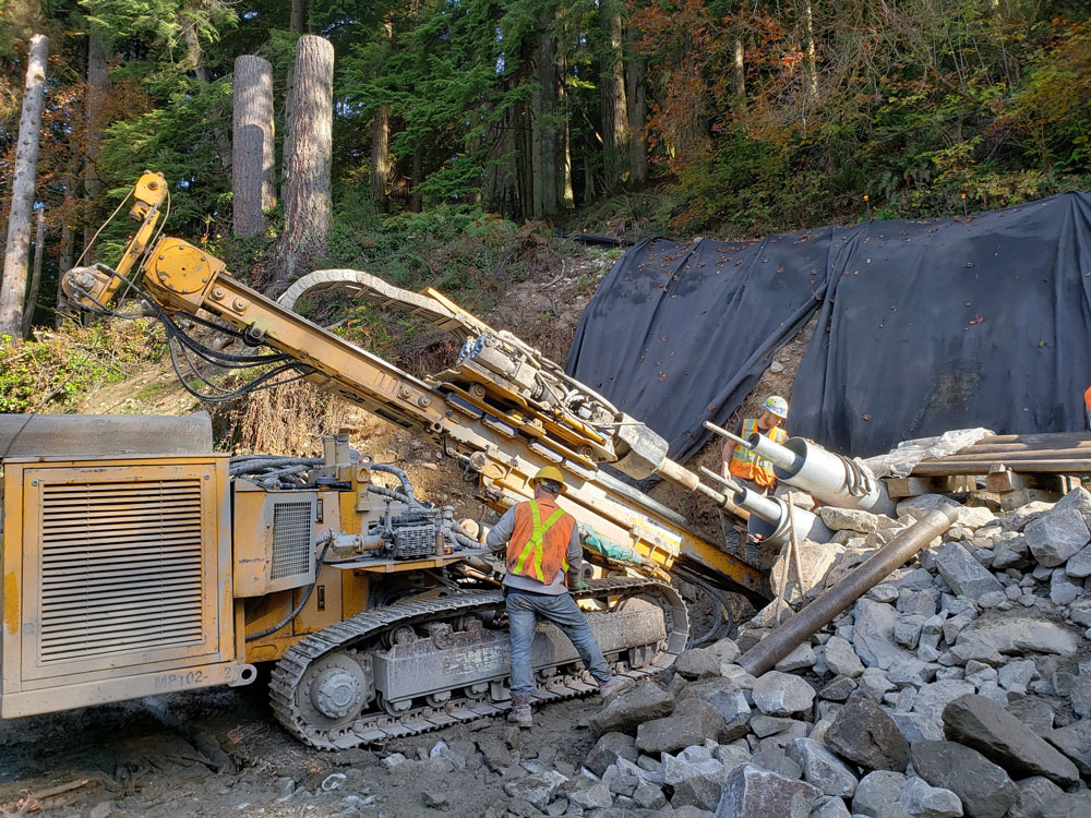 Micropile drilling for pedestrian bridge North Vancouver